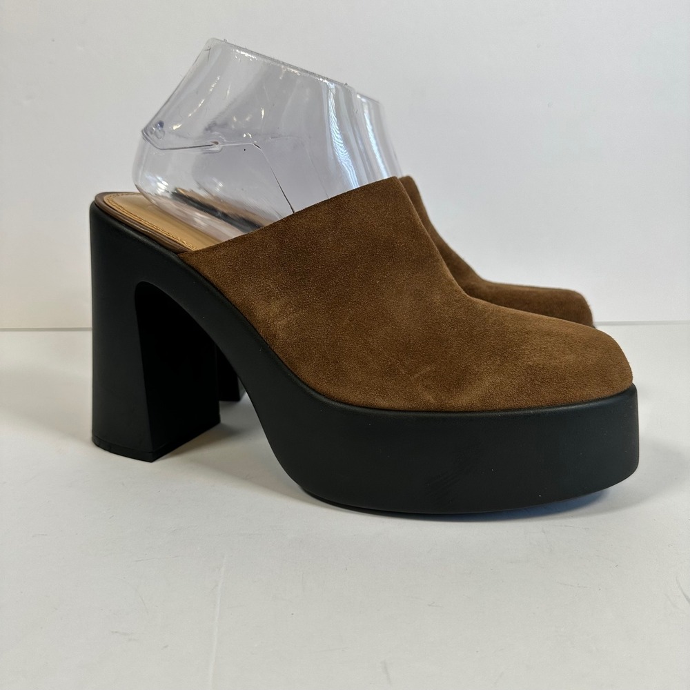 Brown Suede Leather Platform Mules 10 Chunky Block Retro 90s‎ Style Clogs Boho